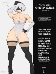 Rule 34 | 1girl, absurdres, blindfold, breasts, female focus, hand on own hip, hand on own head, highres, large breasts, leotard, meme, muscular, muscular female, nier (series), nier:automata, short hair, solo, standing, strip game, thighhighs, white hair, yoracrab, 2b (nier:automata)