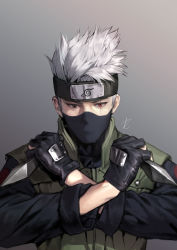 Rule 34 | 1boy, absurdres, black gloves, brown eyes, commentary, covered mouth, crossed arms, dual wielding, english commentary, fingerless gloves, forehead protector, gloves, green vest, grey background, grey hair, hands up, hatake kakashi, heterochromia, highres, holding, holding weapon, konohagakure symbol, kunai, long sleeves, looking at viewer, male focus, mask, mouth mask, naruto, naruto (series), reverse grip, ryeowon kwon, scar, scar across eye, short hair, signature, solo, spiked hair, upper body, vest, weapon, white hair
