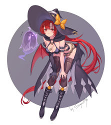 Rule 34 | 1girl, azur lane, bikini, boots, breasts, commentary request, fangs, ghost, gloves, halloween, hat, highres, jack-o&#039;-lantern, korean commentary, large breasts, long hair, looking at viewer, official alternate costume, ponytail, red eyes, red hair, sugarhigh, swimsuit, thighhighs, wichita (azur lane), wichita (domineering witchita) (azur lane), witch hat