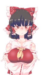 Rule 34 | 1girl, absurdres, ascot, black hair, breasts, collared shirt, frilled shirt collar, frills, hakurei reimu, highres, japanese clothes, large breasts, miko, non (z-art), red eyes, red shirt, red vest, shirt, sleeveless, sleeveless shirt, solo, touhou, vest, yellow ascot