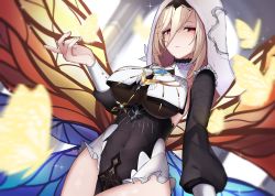 Rule 34 | 1girl, absurdres, aponia (honkai impact), backless dress, backless outfit, black dress, blonde hair, breasts, bug, butterfly, butterfly wings, closed mouth, covered navel, dress, dutch angle, hair between eyes, half-closed eyes, halter dress, halterneck, highres, honkai (series), honkai impact 3rd, indoors, insect, insect wings, large breasts, long bangs, long hair, long sleeves, looking at viewer, mole, mole under eye, nun, pelvic curtain, red eyes, shaded face, solo, user hxmh3337, veil, wings