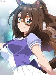 Rule 34 | 1girl, animal ears, blurry, blurry background, blush, bow, breasts, brown hair, closed mouth, commentary request, depth of field, el condor pasa (umamusume), eye mask, highres, horse ears, horse girl, horse tail, long hair, medium breasts, pleated skirt, ponytail, puffy short sleeves, puffy sleeves, purple bow, purple shirt, sailor collar, school uniform, shirt, short sleeves, skirt, smile, solo, tail, tonbi, tracen school uniform, twitter username, umamusume, very long hair, white sailor collar, white skirt