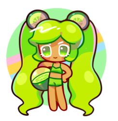 Rule 34 | 1girl, artist request, bad id, bad source, bikini, chibi, colored eyelashes, cookie run, earrings, green bikini, green eyes, green hair, hair ornament, humanization, jewelry, lime cookie, long hair, open mouth, sarong, solo, swept bangs, swimsuit, tan, twintails