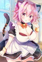 Rule 34 | 1girl, :p, alternate costume, animal ears, apron, bell, black skirt, black thighhighs, blush, bra, breasts, cat ears, cat tail, cleavage, collar, commentary request, cuffs, enmaided, hair ribbon, hand up, heart, highres, holding, holding clothes, holding skirt, jingle bell, kantai collection, large breasts, looking at viewer, maid, maid apron, masayo (gin no ame), nail polish, pink eyes, pink hair, pink nails, ribbon, short hair, short sleeves, skirt, smile, solo, spoken heart, tail, tama (kancolle), thighhighs, tongue, tongue out, underwear, window, wrist cuffs, zettai ryouiki