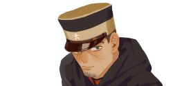 Rule 34 | 1boy, black jacket, brown hair, chengongzi123, closed mouth, facial hair, goatee stubble, golden kamuy, green eyes, hat, highres, hood, hooded jacket, jacket, looking at viewer, male focus, military hat, military uniform, portrait, short hair, simple background, smile, solo, stubble, tsukishima hajime, uniform, very short hair, white background