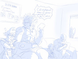 Rule 34 | 10s, 5boys, ^^^, alien, armor, artist request, broly (dragon ball z), cape, cell (dragon ball), cooler (dragon ball), demon, dragon ball, dragon ball super, dragonball z, fangs, garlic jr., highres, indoors, monochrome, multiple boys, muscular, nervous, no pupils, pointy ears, scouter, sitting, speech bubble, super saiyan, tullece, waiting