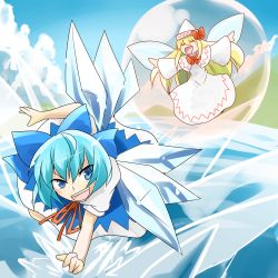 Rule 34 | 2girls, blonde hair, blue eyes, blue hair, bow, cirno, dress, closed eyes, fairy, fairy wings, hair bow, hat, ice, lily white, multiple girls, pakuchii, touhou, wings, yousei daisensou