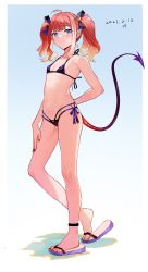 Rule 34 | 1girl, arm behind back, bare arms, bare legs, bare shoulders, bikini, black bikini, blue eyes, blush, breasts, closed mouth, collarbone, commentary request, demon girl, demon tail, flip-flops, full body, hair ornament, hand on own knee, highres, long hair, looking at viewer, micro bikini, nail polish, navel, orange hair, original, pointy ears, sandals, side-tie bikini bottom, small breasts, solo, standing, string bikini, swimsuit, tail, twintails, wangqi