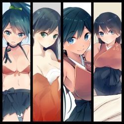 Rule 34 | 10s, 1girl, adapted costume, alternate costume, alternate hairstyle, bikini, black hair, blue eyes, breasts, cleavage, closed mouth, eyebrows, hakama, hakama short skirt, hakama skirt, highres, houshou (kancolle), japanese clothes, kantai collection, long hair, looking at viewer, off shoulder, open mouth, pantyhose, ponytail, skirt, solo, swimsuit, tebi (tbd11)