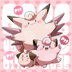Rule 34 | :d, blue eyes, blush, claws, clefable, clefairy, cleffa, closed mouth, commentary request, creatures (company), evolutionary line, fang, game freak, gen 1 pokemon, gen 2 pokemon, grey eyes, kumano sakunosuke, nintendo, no humans, open mouth, pokemon, pokemon (creature), smile, speech bubble, tongue, watermark
