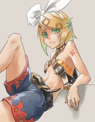 Rule 34 | 1girl, absurdres, alternate costume, bare shoulders, belt bra, blonde hair, bow, breasts, buckle, choker, collarbone, elbow rest, flame print, flat chest, green eyes, hair bow, hair ornament, hairclip, headphones, highres, kagamine rin, leg up, looking at viewer, lying, navel, number tattoo, on back, short hair, shorts, shoulder tattoo, sideboob, sitting, sketch, slit pupils, tattoo, vocaloid, wawon (wan wawon)