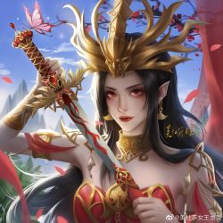 Rule 34 | 1girl, artist request, black hair, branch, bush, cai lin (doupo cangqiong), doupo cangqiong, dress, earrings, falling petals, hair ornament, highres, jewelry, long hair, looking at viewer, mountain, petals, red curtains, red dress, red eyes, second-party source, sheath, sword, unsheathing, upper body, weapon