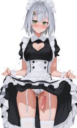 Rule 34 | 1girl, absurdres, alternate costume, apron, black dress, blush, braid, braided bangs, breasts, clothes lift, dress, dress lift, genshin impact, green eyes, grey hair, highres, large breasts, looking at viewer, maid headdress, noelle (genshin impact), panties, puffy short sleeves, puffy sleeves, pussy juice, sex toy, short hair, short sleeves, solo, thighhighs, thighs, underwear, vibrator, vibrator under clothes, vibrator under panties, white apron, white panties, white thighhighs, xkirara39x