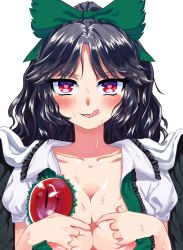 Rule 34 | 1girl, berensu, black hair, blush, bow, breasts, cape, cleavage, hair ribbon, heart, heart-shaped pupils, highres, large breasts, licking lips, long hair, naughty face, nipples, open clothes, open shirt, paizuri invitation, red eyes, reiuji utsuho, ribbon, shirt, simple background, solo, spread breasts, sweat, symbol-shaped pupils, tongue, tongue out, touhou, wings