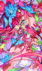 Rule 34 | 1girl, animal, bare shoulders, blue flower, breasts, bug, butterfly, chromatic aberration, cleavage, commentary request, dress, flower, from side, green eyes, hands up, highres, insect, long hair, looking at viewer, looking to the side, medium breasts, mika pikazo, nail polish, original, parted lips, pink hair, purple flower, red flower, red hair, red nails, solo, very long hair, white dress