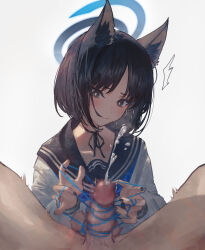 Rule 34 | 1boy, 1girl, absurdres, animal ears, betabeet, black eyes, black hair, black nails, black sailor collar, blue archive, blue halo, blue neckerchief, cat&#039;s cradle, cat ears, censored, closed mouth, cum, fingernails, halo, highres, kikyou (blue archive), long sleeves, looking at penis, mosaic censoring, nail polish, neckerchief, penis, pov, pov crotch, sailor collar, short hair, simple background, upper body, white background