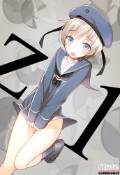 Rule 34 | 10s, 1girl, 2014, artist name, bad id, bad pixiv id, blonde hair, blue eyes, blush, covering privates, covering crotch, dated, hat, kantai collection, looking at viewer, no panties, open mouth, personification, sailor collar, sailor hat, short hair, solo, yadapot, z1 leberecht maass (kancolle)