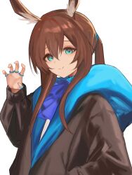 Rule 34 | 1girl, amiya (arknights), animal ear fluff, animal ears, arknights, ascot, black jacket, blue ascot, blue eyes, brown hair, claw pose, closed mouth, commentary request, ha (huton in mach), hair between eyes, hand up, highres, hood, hood down, hooded jacket, jacket, jewelry, long hair, long sleeves, ponytail, puffy long sleeves, puffy sleeves, rabbit ears, ring, shirt, sidelocks, simple background, smile, solo, upper body, white background, white shirt