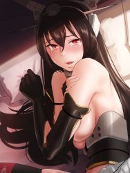 Rule 34 | 10s, 1girl, amino (tn7135), bad id, bad pixiv id, bare shoulders, black hair, blush, breasts, covering privates, covering breasts, crying, elbow gloves, female focus, gloves, headgear, kantai collection, large breasts, long hair, looking at viewer, looking back, lying, nagato (kancolle), on bed, on side, open mouth, personality switch, pillow, sideboob, signature, solo, tears, thighhighs, underboob, upper body