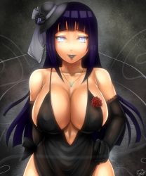 Rule 34 | 1girl, black dress, black gloves, black hair, black lips, breasts, cleavage, clothes lift, dress, dress lift, elbow gloves, evening gown, female focus, flower, formal, gloves, goth fashion, gradient background, grey eyes, hat, highres, hip focus, huge breasts, hyuuga hinata, jewelry, large breasts, lipstick, long hair, looking at viewer, makeup, mini hat, naruto (series), naruto shippuuden, necklace, purple hair, sakuama, smile, solo, thighs, upper body