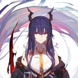 Rule 34 | 1girl, arknights, burnt clothes, ch&#039;en (arknights), expressionless, highres, horns, inxst, long hair, looking at viewer, purple hair, red eyes, sidelocks, simple background, solo, torn clothes, upper body
