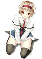 Rule 34 | 1girl, alice margatroid, alternate hair length, alternate hairstyle, black thighhighs, crying, crying with eyes open, frilled skirt, frills, gorilla (bun0615), highres, light brown hair, looking at viewer, no shoes, parted lips, red eyes, short hair, simple background, skirt, solo, tears, thighhighs, touhou, wavy mouth, white background, zettai ryouiki