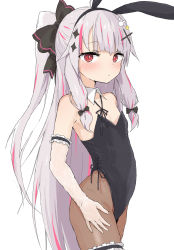 Rule 34 | 1girl, animal ears, bare shoulders, black bow, black hairband, black leotard, blush, bow, brown pantyhose, closed mouth, detached collar, elbow gloves, fake animal ears, female focus, gloves, grey hair, hair bow, hair ornament, hairband, highres, leotard, long hair, looking at viewer, multicolored hair, nijisanji, pantyhose, playboy bunny, ponytail, rabbit ears, rabbit hair ornament, red eyes, sidelocks, simple background, solo, strapless, strapless leotard, streaked hair, very long hair, virtual youtuber, white background, white gloves, wing collar, x hair ornament, yakihebi, yorumi rena, yorumi rena (young)
