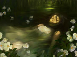Rule 34 | 1girl, afloat, bad id, bad pixiv id, black hair, dress, closed eyes, floating, flower, fu nengliang yasuo bao 9, highres, in water, long hair, original, pale skin, pond, solo, submerged, water, white dress
