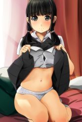 Rule 34 | 1girl, bed sheet, black hair, blunt bangs, blush, closed mouth, clothes lift, collared shirt, curtains, embarrassed, full body, green eyes, hair tie, highres, indoors, kneehighs, lifted by self, long hair, looking at viewer, low twintails, matsunaga kouyou, navel, original, panties, pillow, polka dot, polka dot panties, shirt, shirt lift, short sleeves, sitting, skindentation, skirt, skirt lift, smile, socks, solo, stomach, tareme, thighs, twintails, underwear, white panties, white shirt, white socks, wing collar, yokozuwari