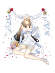 Rule 34 | 1girl, ;), ankle bow, ankle ribbon, aqua rose, banner, bare shoulders, bell, black hair, blonde hair, blue eyes, blush, bouquet, bow, braid, breasts, bridal gauntlets, bridal veil, cleavage, closed mouth, closers, clothing cutout, dress, falling petals, flower, french braid, full body, garter straps, gradient hair, hair bow, hand up, harpy (closers), high heels, highres, holding veil, lace, lace-trimmed dress, lace-trimmed thighhighs, lace trim, large breasts, leg ribbon, long hair, looking at viewer, multicolored hair, official art, one eye closed, pencil dress, petals, pink flower, pink ribbon, pink rose, ponytail, purple flower, purple rose, red flower, red rose, ribbon, rose, see-through, see-through cleavage, short dress, sidelocks, sitting, sleeveless, sleeveless dress, smile, solo, tachi-e, thighhighs, underboob cutout, v-shaped eyebrows, veil, very long hair, white background, white bow, white bridal gauntlets, white dress, white footwear, white thighhighs, white veil, yellow flower, yellow rose, yokozuwari