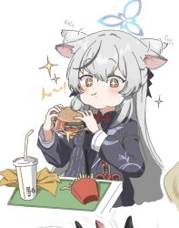 Rule 34 | 1girl, :t, animal ears, black dress, black jacket, blue archive, blush, burger, cheek bulge, chewing, cowlick, cross-shaped pupils, double-parted bangs, dress, drinking straw, ear wiggle, eating, food, french fries, grey hair, hair between eyes, halo, highres, holding, holding food, jacket, kokona (blue archive), long hair, off shoulder, sparkling aura, striped clothes, striped dress, symbol-shaped pupils, tiger ears, uni gyoza, vertical-striped clothes, vertical-striped dress, white background, yellow eyes