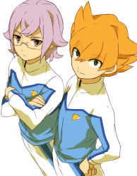 Rule 34 | 10s, 2boys, crossed arms, earth eleven, from above, glasses, green eyes, inazuma eleven (series), inazuma eleven go, inazuma eleven go galaxy, jacket, lightning bolt symbol, male focus, manabe jin&#039;ichirou, minaho kazuto, multiple boys, orange hair, pants, purple hair, sekina, short hair, track jacket, track pants, track suit, white background