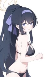 Rule 34 | 1girl, absurdres, bare arms, bare legs, bare shoulders, bikini, black bikini, black hair, blue archive, blush, breasts, cowboy shot, hair between eyes, hairband, halo, highres, jyt, long hair, looking at viewer, navel, official alternate costume, open mouth, ponytail, purple eyes, purple hairband, simple background, small breasts, solo, swimsuit, ui (blue archive), ui (swimsuit) (blue archive), white background