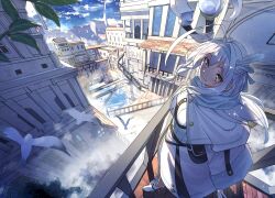 Rule 34 | 1girl, bird, building, cloud, from above, looking at viewer, original, railing, shiro youduki, solo, stairs, town, white hair