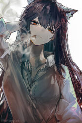 1girl animal_ear_fluff animal_ear_piercing animal_ears arknights arm_behind_head arm_up black_hair cigarette closed_mouth collared_shirt commentary grey_shirt hair_between_eyes half-closed_eyes highres long_hair long_sleeves mouth_hold open_collar orange_eyes runamonet shirt simple_background smoke smoking solo texas_(arknights) twitter_username upper_body watermark white_background wolf_ears wolf_girl