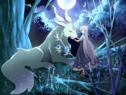 Rule 34 | 1girl, blue dress, blue hair, blurry, depth of field, dress, forest, from side, full body, full moon, highres, horn ornament, horn ribbon, horns, kamishirasawa keine, ko kita, long hair, magatama, monster, moon, multicolored hair, nature, night, night sky, outdoors, red eyes, red footwear, red ribbon, ribbon, shoes, short sleeves, silver hair, sky, touhou, two-tone hair, very long hair, wrist cuffs