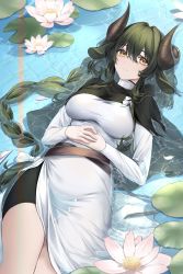 Rule 34 | 1girl, absurdres, animal ears, black dress, bow, bowtie, braid, braided ponytail, breasts, closed mouth, dark green hair, dress, expressionless, flower, hair between eyes, highres, horns, kuro (rudyan0128), large breasts, long hair, long sleeves, looking at viewer, lotus, medium breasts, multicolored clothes, multicolored dress, original, partially submerged, ribbon, sleeves past wrists, solo, thighs, wet, wet clothes, wet dress, white bow, white bowtie, white dress, yellow eyes