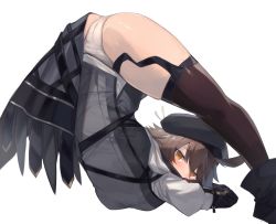 Rule 34 | 1girl, ahoge, arknights, ass, beret, black hat, black thighhighs, bow, bowtie, brown hair, cameltoe, cloak, commentary request, flexible, from behind, garter straps, hair between eyes, hat, jack-o&#039; challenge, looking at viewer, meme, panties, plume (arknights), sasa onigiri, short hair, simple background, solo, spread legs, strap, thighhighs, top-down bottom-up, underwear, white background, white panties, wide spread legs, yellow eyes