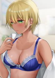 Rule 34 | 1girl, abe hikaru, absurdres, blonde hair, blue bra, bra, breasts, cleavage, closed mouth, collarbone, commentary request, earrings, green eyes, highres, hikaru (gevp7588), jewelry, lace, lace-trimmed bra, lace trim, looking away, looking down, medium breasts, off shoulder, one-piece tan, one eye closed, open clothes, open shirt, shirt, short hair, single bare shoulder, solo, stud earrings, sweat, tan, tanline, underwear, undressing, white shirt