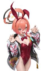 Rule 34 | 1girl, ahoge, animal ears, arc2urus, black halo, black jacket, black nails, blue archive, blush, bow, bowtie, breasts, cherry blossom print, claw pose, commentary, covered navel, cowboy shot, detached collar, fake animal ears, fingernails, floral print, hair between eyes, halo, hands up, highleg, highleg leotard, highres, huge ahoge, jacket, leotard, long sleeves, looking at viewer, multicolored clothes, multicolored jacket, nail polish, neru (blue archive), neru (bunny) (blue archive), official alternate costume, open clothes, open jacket, open mouth, orange hair, parted bangs, print jacket, puffy long sleeves, puffy sleeves, rabbit ears, red bow, red bowtie, red eyes, red leotard, revision, short hair, small breasts, solo, strapless, strapless leotard, sweat, white jacket