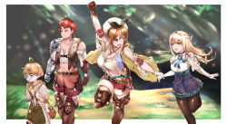 Rule 34 | 2boys, 2girls, :d, absurdres, ahoge, atelier (series), atelier ryza, atelier ryza 1, bare shoulders, black legwear, blonde hair, blue eyes, boots, breasts, brown eyes, brown footwear, brown hair, cleavage, forest, glasses, green eyes, green pants, hairband, highres, huge filesize, jewelry, klaudia valentz, large breasts, leg up, lent marslink, long hair, looking at another, looking to the side, midriff, multiple boys, multiple girls, nature, navel, necklace, open mouth, pants, pantyhose, red hair, red shorts, reisalin stout, short hair, short shorts, shorts, smile, star (symbol), star necklace, suspenders, t.k.c, tao mongarten, thigh boots, thighhighs, thighhighs under boots, white headwear, white legwear