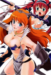 Rule 34 | 2girls, :o, :p, absurdres, airi (queen&#039;s blade), airi (queen's blade), airi (the infernal temptress), bare shoulders, blue eyes, blush, breasts, captain of the royal guard elina, cleavage, collarbone, detached sleeves, earrings, elina (queen&#039;s blade), elina (queen's blade), green eyes, highres, huge filesize, jewelry, large breasts, long hair, looking at viewer, maid, maid headdress, multiple girls, navel, necklace, official art, open mouth, orange hair, polearm, queen&#039;s blade, red hair, shirotsumekusa, surprised, thighhighs, tongue, tongue out, torn clothes, twintails, weapon