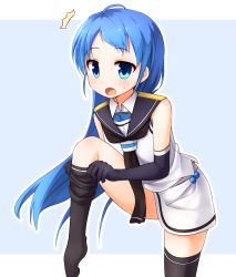Rule 34 | 10s, 1girl, ^^^, bare shoulders, black thighhighs, blue eyes, blue gloves, blue hair, dressing, elbow gloves, faubynet, gloves, highres, kantai collection, leg up, long hair, looking at viewer, matching hair/eyes, neckerchief, no shoes, open mouth, sailor collar, samidare (kancolle), school uniform, serafuku, skirt, sleeveless, solo, thighhighs, two-tone background, white skirt