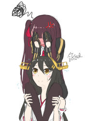 Rule 34 | 10s, 2girls, anger vein, bare shoulders, black gloves, black hair, black legwear, blush, carrying, covering face, crossover, dated, detached sleeves, embarrassed, flying sweatdrops, full-face blush, girls&#039; frontline, gloves, hair between eyes, hair ornament, hair ribbon, hairclip, hands up, haruna (kancolle), headgear, highres, japanese clothes, kantai collection, long hair, long sleeves, looking up, multiple girls, mysteltainn, necktie, open mouth, pantyhose, purple hair, red necktie, red ribbon, ribbon, ribbon-trimmed sleeves, ribbon trim, shoulder carry, side ponytail, signature, simple background, sketch, squiggle, sweatdrop, wa2000 (girls&#039; frontline), white background, yellow eyes