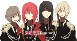 Rule 34 | 10s, 4girls, black hair, blonde hair, blunt bangs, cape, character name, epaulettes, formal, grey hair, hms conqueror, hms conqueror (siirakannu), hms monarch, hms monarch (siirakannu), hms orion, hms orion (siirakannu), hms thunderer, hms thunderer (siirakannu), kantai collection, lion, long hair, long sleeves, looking at another, military, military uniform, multiple girls, necktie, open mouth, original, personification, ponytail, red eyes, red hair, royal navy, short hair, siirakannu, simple background, smile, uniform, union jack, upper body, white background