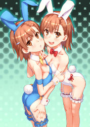 Rule 34 | 2girls, alternate costume, animal costume, animal ears, arched back, arms at sides, ass, back, bare back, black background, blue leotard, blurry, blush, bow, bowtie, breast press, breasts, bridal garter, brown eyes, brown hair, cleavage, collarbone, costume, couple, covered navel, cowboy shot, detached collar, embarrassed, eyebrows, fake animal ears, from behind, from side, frown, garter straps, gradient background, green background, halftone, head tilt, holding hands, legs together, lens flare, leotard, looking at viewer, misaka imouto, misaka mikoto, multiple girls, open mouth, playboy bunny, rabbit ears, rabbit tail, raika9, red bow, red bowtie, ribbon, short hair, siblings, sisters, skin tight, spread legs, standing, strapless, strapless leotard, symmetrical docking, tail, toaru kagaku no railgun, toaru majutsu no index, wavy mouth, white leotard, wrist cuffs, yellow bow, yellow bowtie