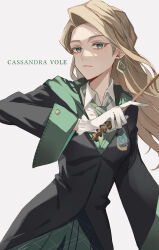 Rule 34 | 0404m, 1girl, blonde hair, cassandra vole, character name, closed mouth, commentary request, earrings, green eyes, harry potter: magic awakened, harry potter (series), hat, highres, hogwarts school uniform, holding, holding wand, jewelry, long hair, looking at viewer, mole, mole under eye, school uniform, simple background, slytherin, solo, uniform, wand, white background, wizard hat, wizarding world