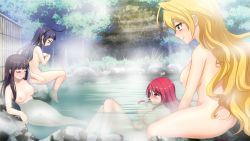 Rule 34 | black hair, blonde hair, blush, breasts, covering privates, embarrassed, game cg, long hair, multiple girls, nude, onsen, red hair, smile, steam, water