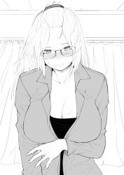 Rule 34 | 1girl, absurdres, bangs pinned back, blush, breasts, ceiling, cleavage, commentary, curtains, embarrassed, english commentary, glasses, highres, indoors, inne sulistya robin, long hair, looking at viewer, monochrome, norman maggot, open clothes, open shirt, original, solo, sweat, sweatdrop, teacher