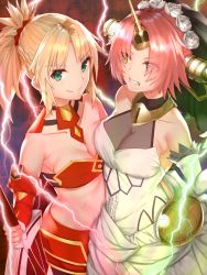 Rule 34 | 2girls, asymmetrical docking, blonde hair, blue eyes, breast press, breasts, bridal veil, choker, cleavage, clenched teeth, collarbone, dress, elbow gloves, electricity, eyes visible through hair, fate/apocrypha, fate (series), flower, frankenstein&#039;s monster (fate), gloves, green eyes, hair flower, hair ornament, hair over one eye, hair scrunchie, hand on another&#039;s hip, head wreath, heterochromia, highres, holding, holding sword, holding weapon, horns, long hair, medium breasts, mordred (fate), mordred (fate/apocrypha), multiple girls, pink hair, ponytail, red scrunchie, reuri (tjux4555), scrunchie, see-through, short hair, single horn, sleeveless, sleeveless dress, smile, standing, stomach, swimsuit, sword, teeth, underboob, veil, weapon, wedding dress, white dress, white flower, white gloves, yellow eyes